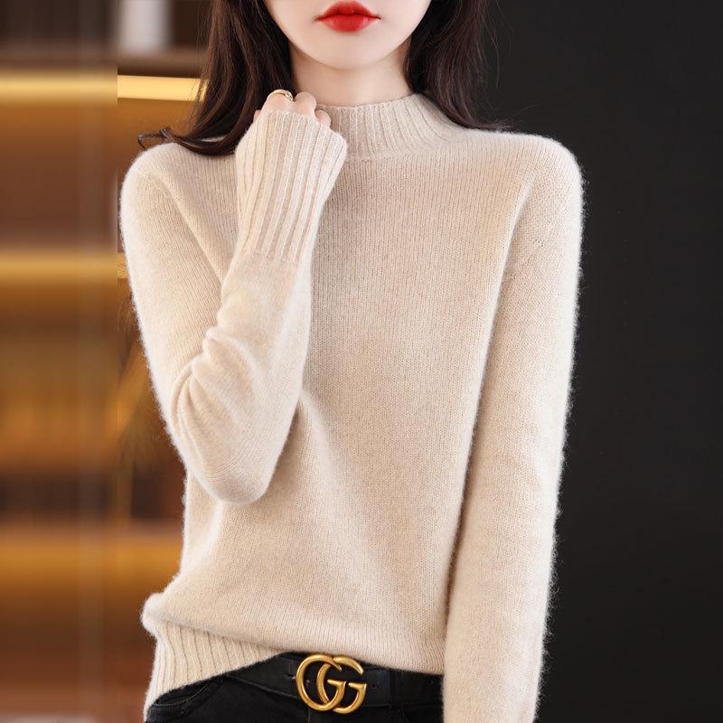 Women's Wool Sweater: Autumn/Winter Half-High Neck, Warm, Solid Color, Loose Fit, Commuter Style