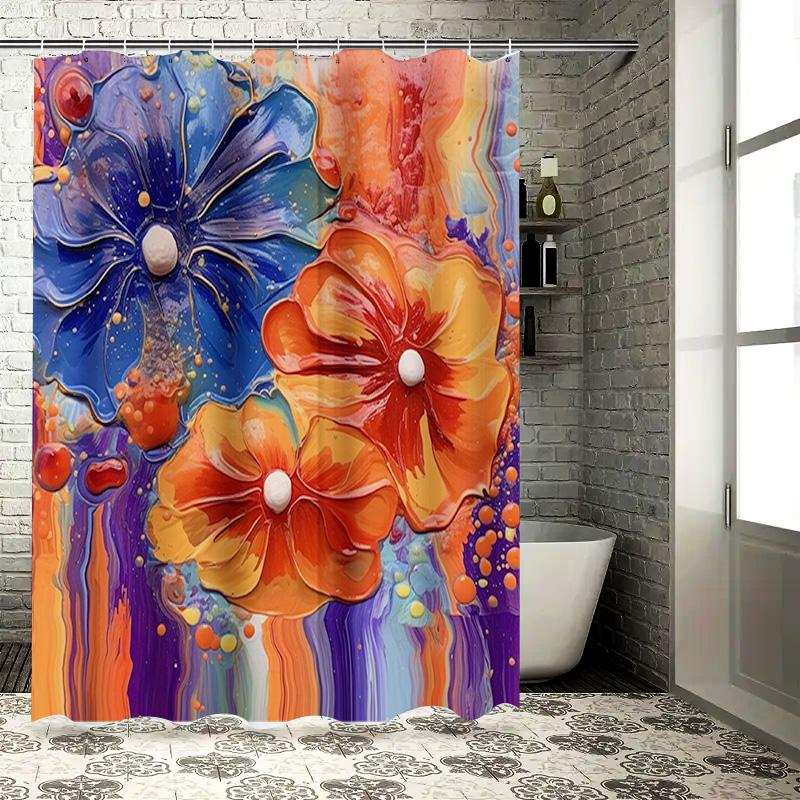 

Hand-Painted Shower Curtain With Floral Design Premium Water Repellent Fabric For Bathroom Decoration In Multicolored Orange Blu W60H190(CM)-1 Pcs