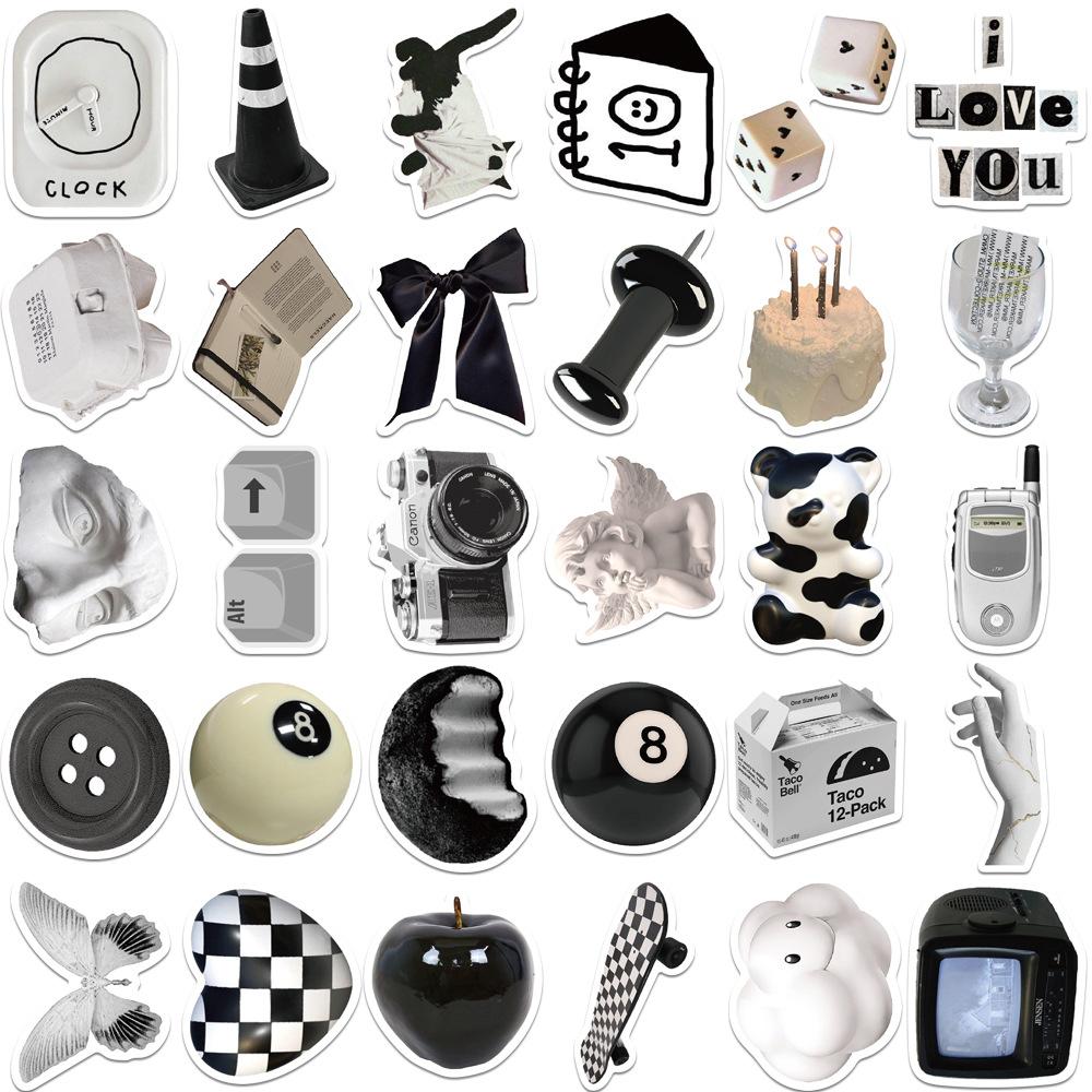61Pcs Black White Simple Style Graffiti Sticker Car Guitar Suitcase Laptop Decal