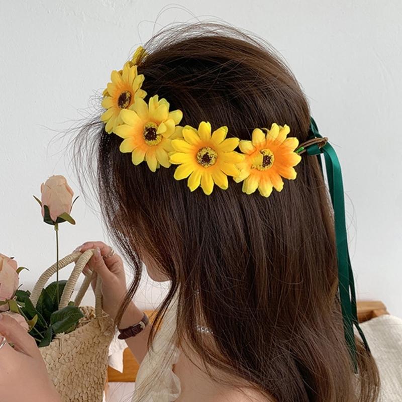 Realistic Sunflower Garland Headband Bohemian Crown Headpiece Tiaras Flower Hairband Women Wedding Party Accessories