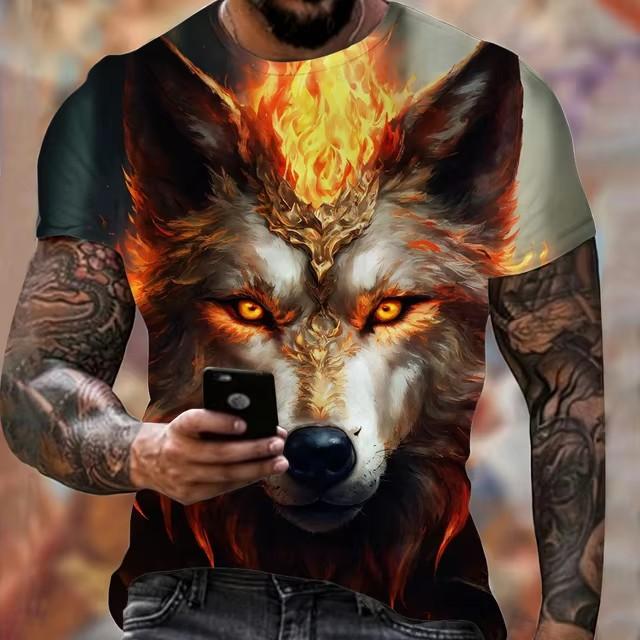 3D Printed Short Sleeved Casual Loose Street Men's Clothing Summer Fitness Sports T-shirt Cool Fire Wolf Graphic