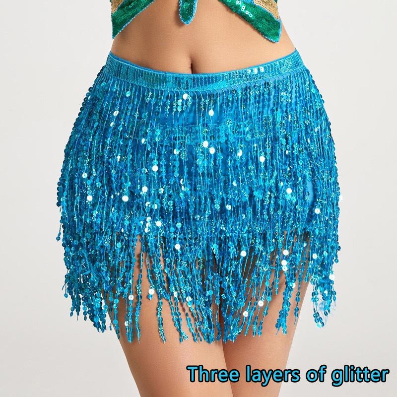 

Изысканный женский костюм для танца живота с пайетками, кисточками, шарфом на бедрах, поясом, юбкой, мини-юбкой, женской танцевальной одеждой as the picture