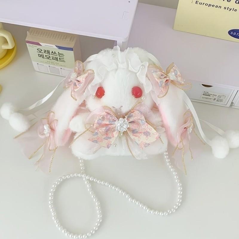 Cute Lolita Plush Bunny Backpack With Butterfly Bow For Girls Daily Use