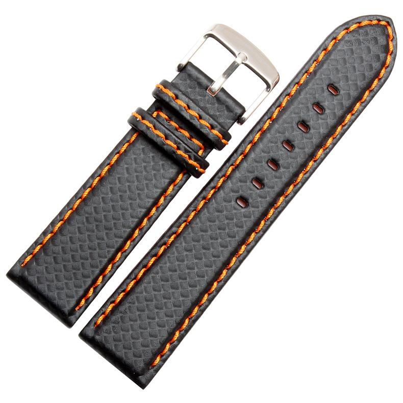 

18mm 20mm 22mm 24mm Black Red Orange Stitching Carbon Fiber Leather Watch Band with Steel Clasp Strap Sports Watchband 20mm&Silver buckle