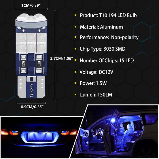 194 LED Bulb Canbus Error Free 3030 Chipset 15-SMD T10 Wedge 168 192 W5W Replacement Bulbs for Car Truck Interior Dome Map Door Courtesy Marker