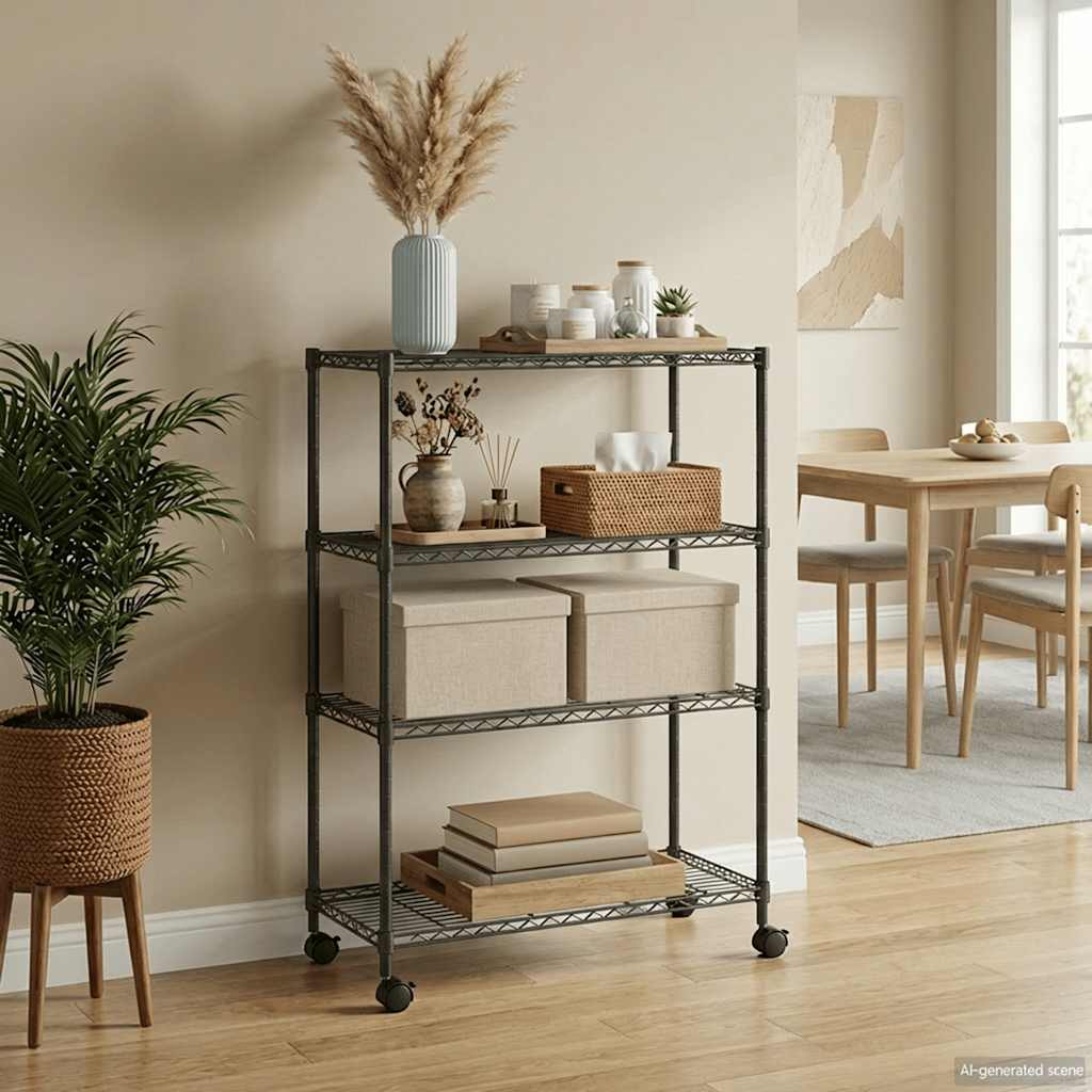 Storage Rack with 4 Shelves and Wheels 90x35x142 cm Black 200 kg