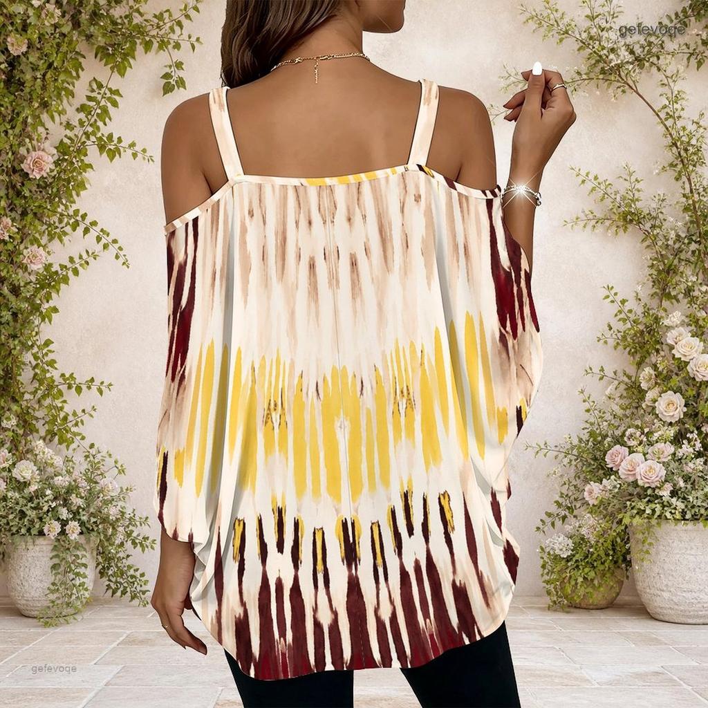 Women Plus Size Cold Shoulder Double Strap Short Sleeve Top Tie Dye Striped V Neck Blouse
