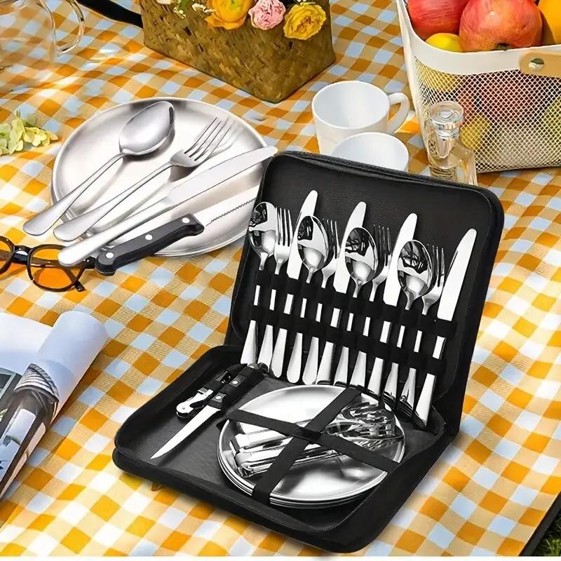 10/20Pcs Outdoor Camping Cutlery Organizer Utensil Picnic Portable Set Stainless Steel Plate Spoon Knife Fork Tongs Hiking