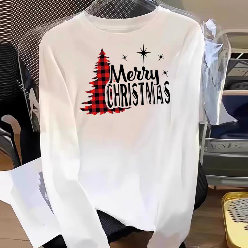 (Asian Size) Plaid Tree Cute 90s Graphic Tee Women Print T Shirt Christmas New Year Autumn Winter Casual Fashion Top Clothing Long Sleeve T-shirts