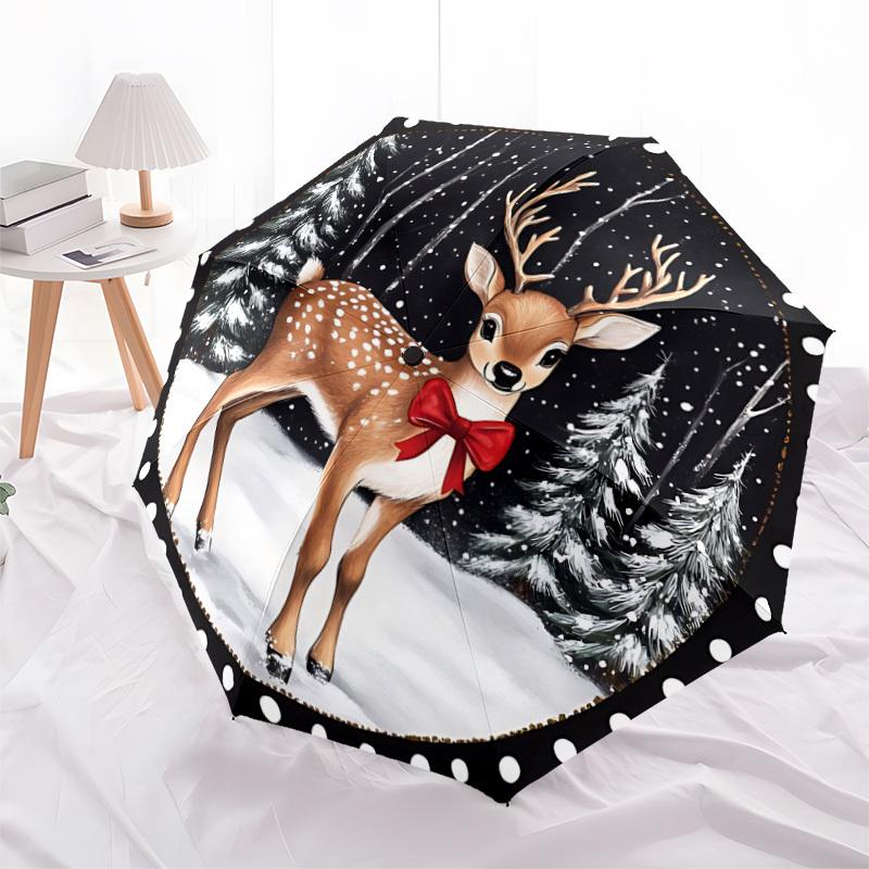 1pc Winter Deer Automatic Folding Umbrella   Compact 8 Rib Design, Durable Iron Frame for Travel, Outdoor,  a0920075
