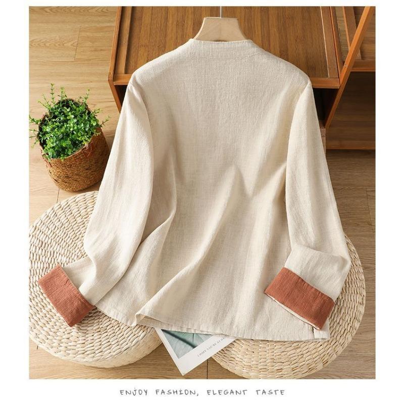 Women S Long Sleeve Cotton Linen Shirt Vintage Chinese Style Frog Button Top