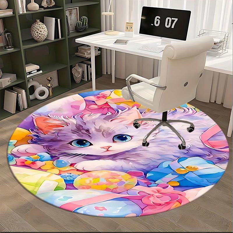 1pc Anime Design Round Carpet Cute Kitten with Colorful Flowers Chair Mat for Office, Home Decor, Living Room, Bedroom, Game Room, Non Slip Rug