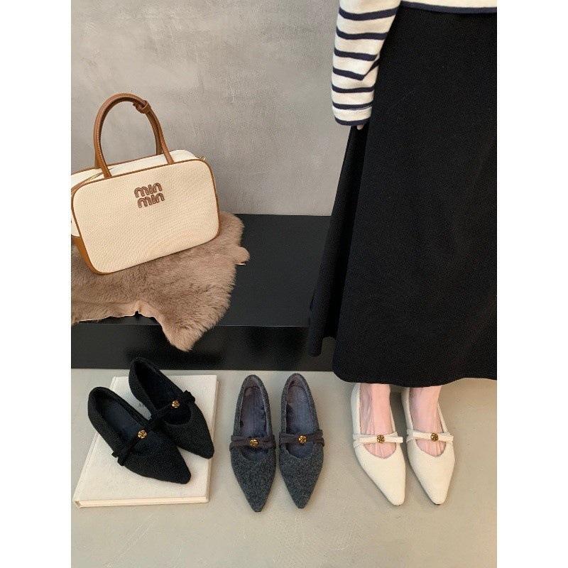Xiaoxiangfeng pointed head inner height increase fluffy shoes women wear in winter with velvet Mary single shoes cotton ladyshoes