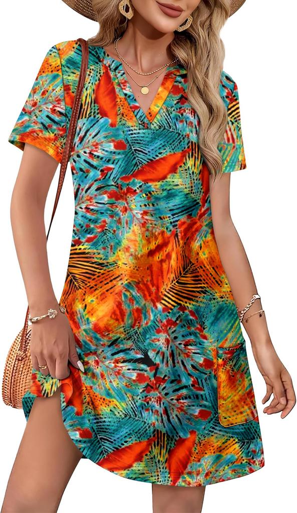 Women's Dress New Summer Casual V-Neck Wedding Loose Dress Short Sleeve Fashion Beach Vacation Wear