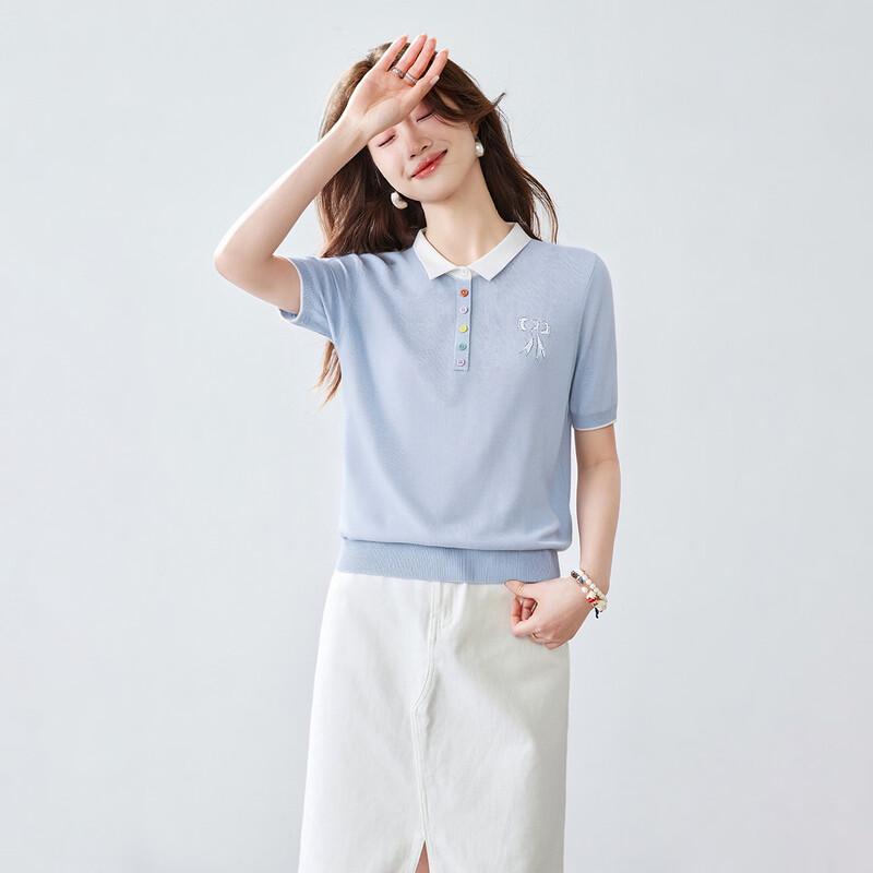 Srcr Women's Silk Blend Embroidered Short Sleeve Polo T-Shirt