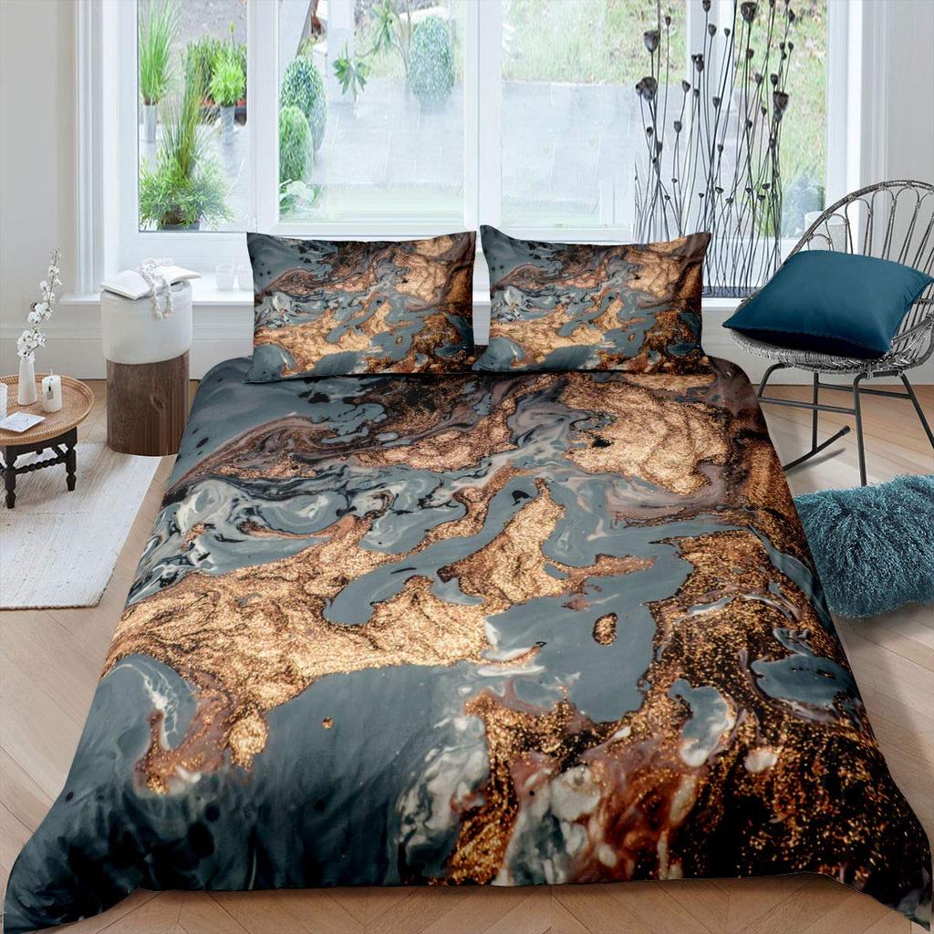 Marmurowy Zestaw Poszewek na Kołdrę Rozmiar Pełny Złoty Marmurkowy Wzór Zestaw Pościeli 3szt. do Pokoju Chłopca Dziewczynki, Abstrakcyjna Tekstura Kamienia Poszwa na Kołdrę