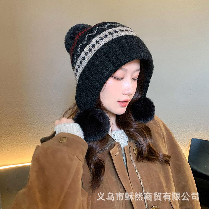 Autumn and winter velvet thickened three-hair ball cute red pullover hat color cold and warm ear protection knitted wool hat