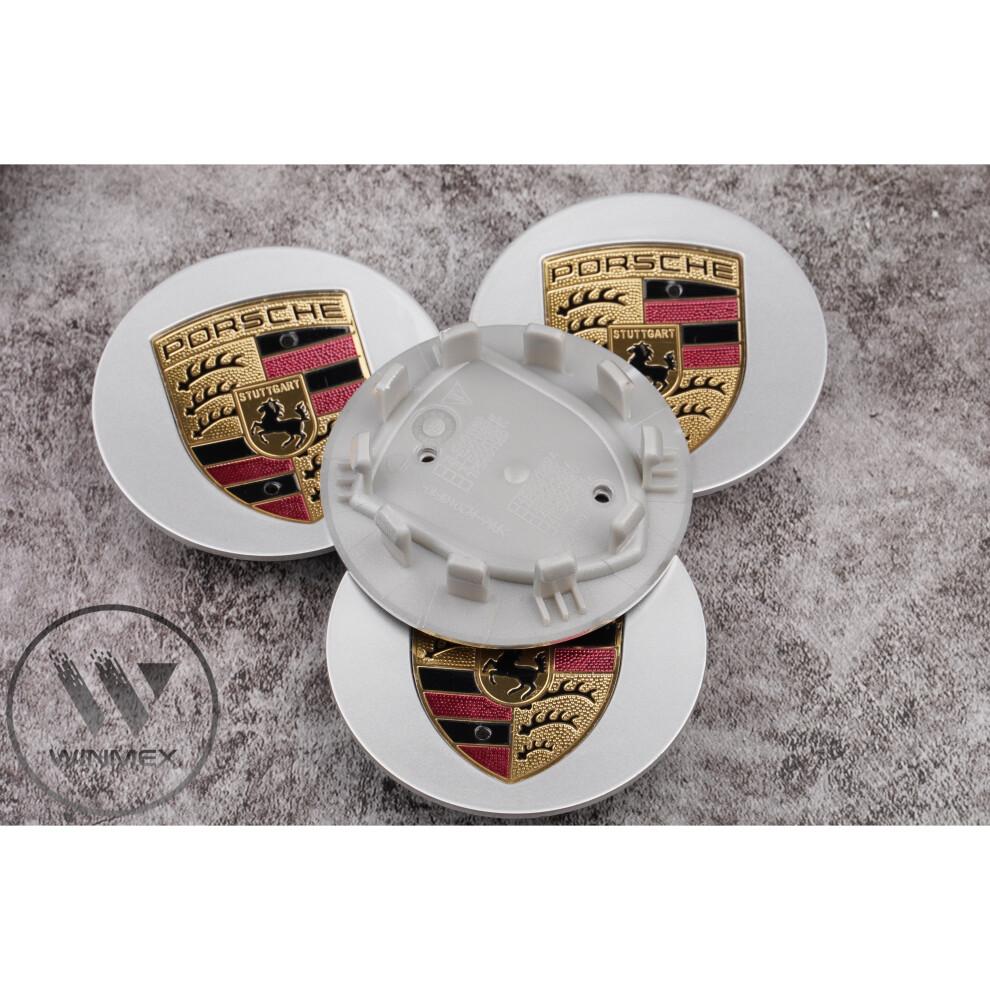 Set of 4 Silver Gold Porsche Logo Centre Alloy Wheel Caps 75mm