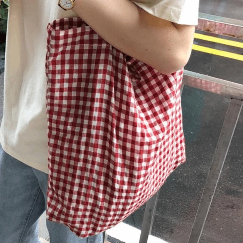 Borsa in Tela con Stampa a Griglia Borsa a Mano Retrò Borsa a Spalla Semplice Stampata Donna