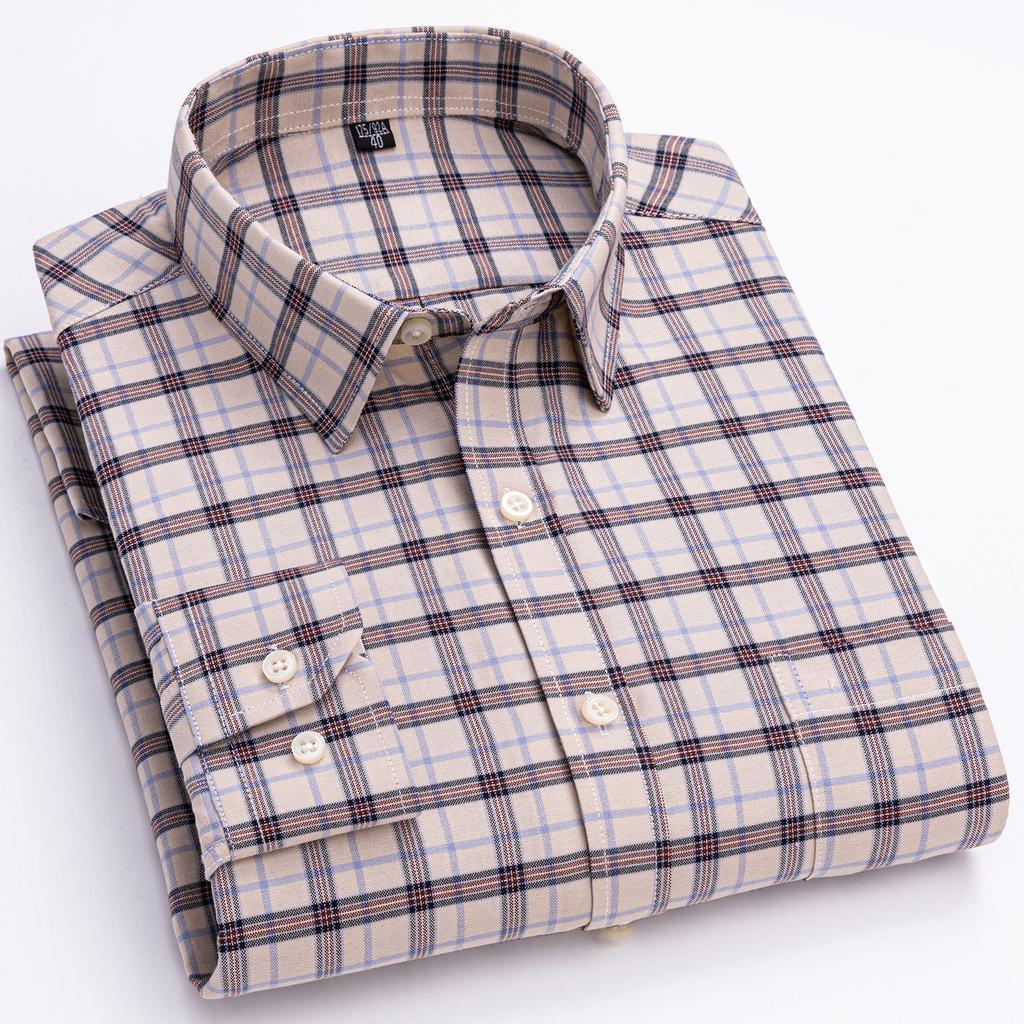 Men's Oxford Shirts Long Sleeve 100% Cotton Casual Plaid Soft Regular Fit Formal Dress Shirt Social Blouse Male Clothes 6XL 7XL