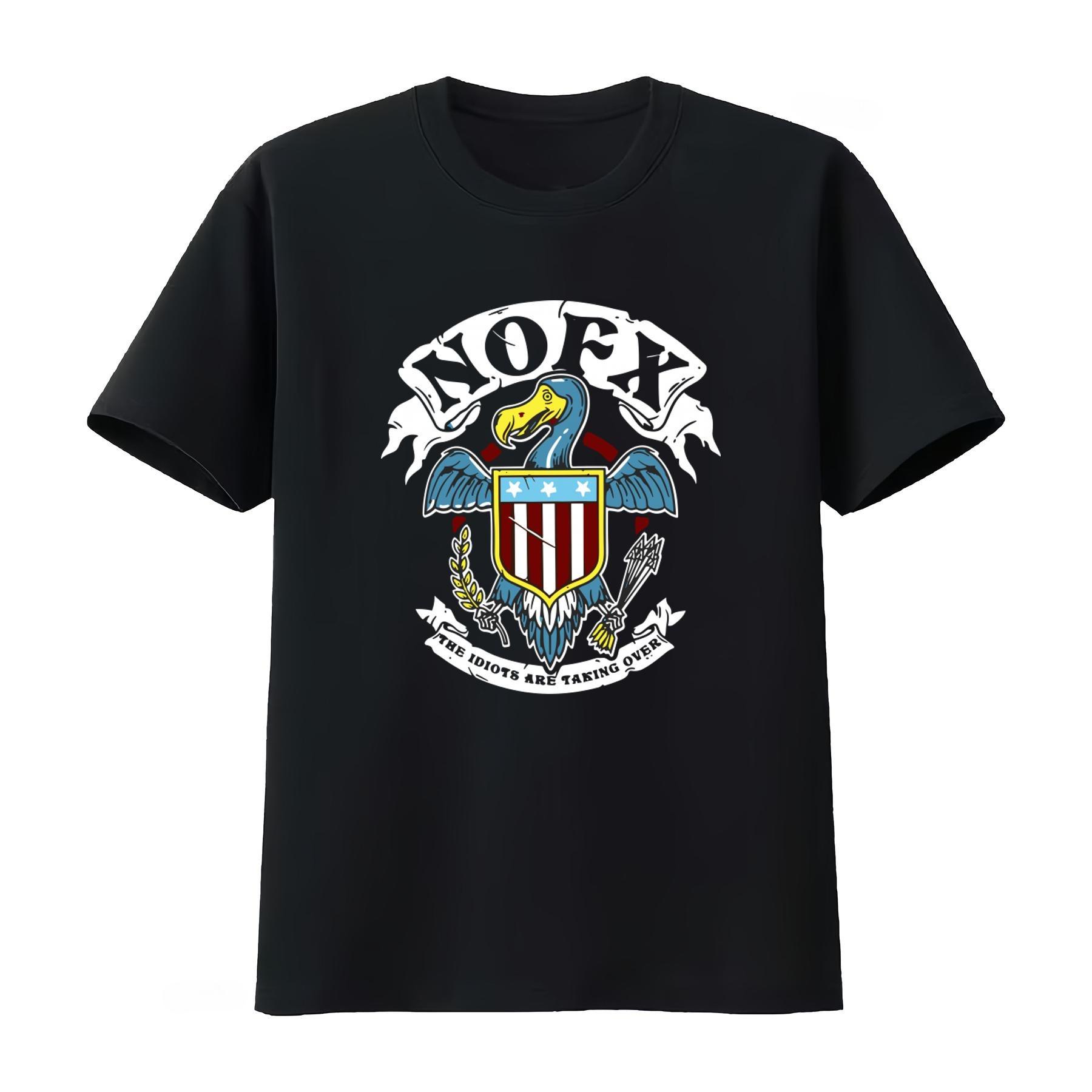 Nofx Punk Rock Skate Core Medium T Shirt with Idiots Taking Over Eagle Shield Print Casual Unisexs Clothing 2026 Summer T Shirt S