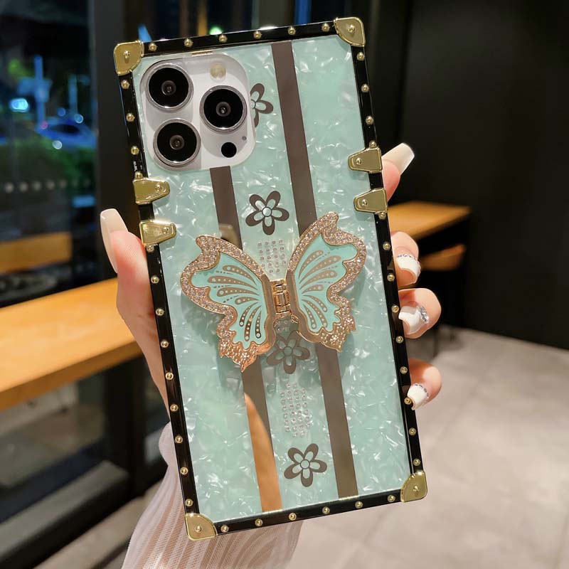 Luxury Diamond Butterfly Stand Holder Shell Pattern Square Type TPU Mobile Phone Cover Case for Samsung Galaxy S21 S22 S23 S24