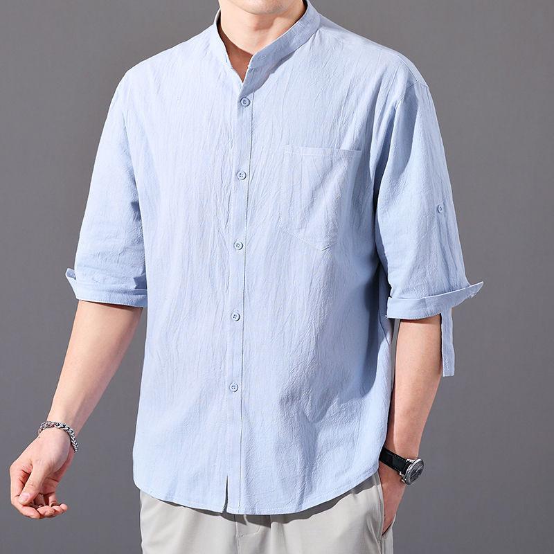 Men's Trendy Summer Cotton-Linen Stand Collar Shirt, Short-Sleeved, Loose Fit