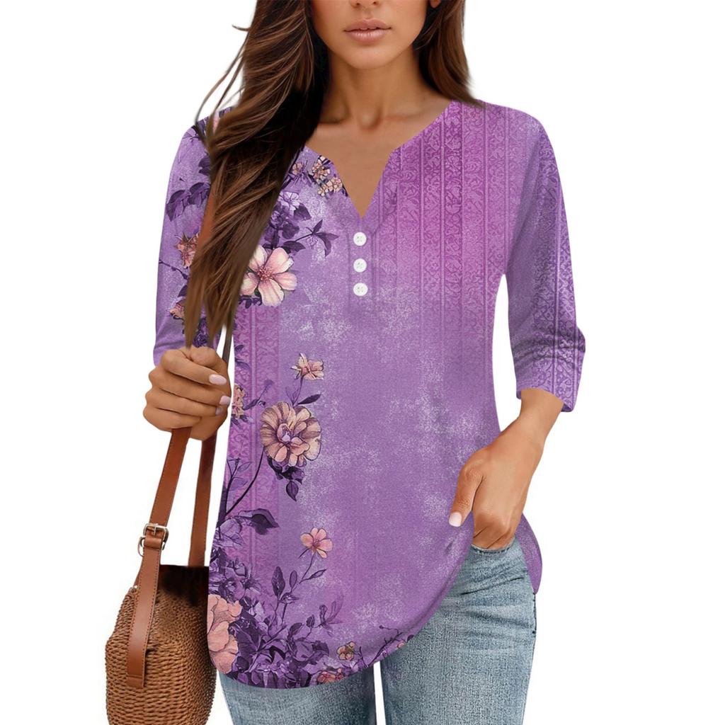 Damen V-Ausschnitt Freizeit Dreiviertelarm Knopf-Detail Top mit Blumenmuster