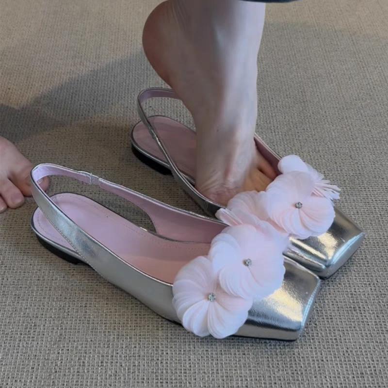 

Новый стиль женские сандалии на низком каблуке с цветком на заднике, с острым носком, с мелким вырезом, на одном ремешке, на мягкой подошве 35