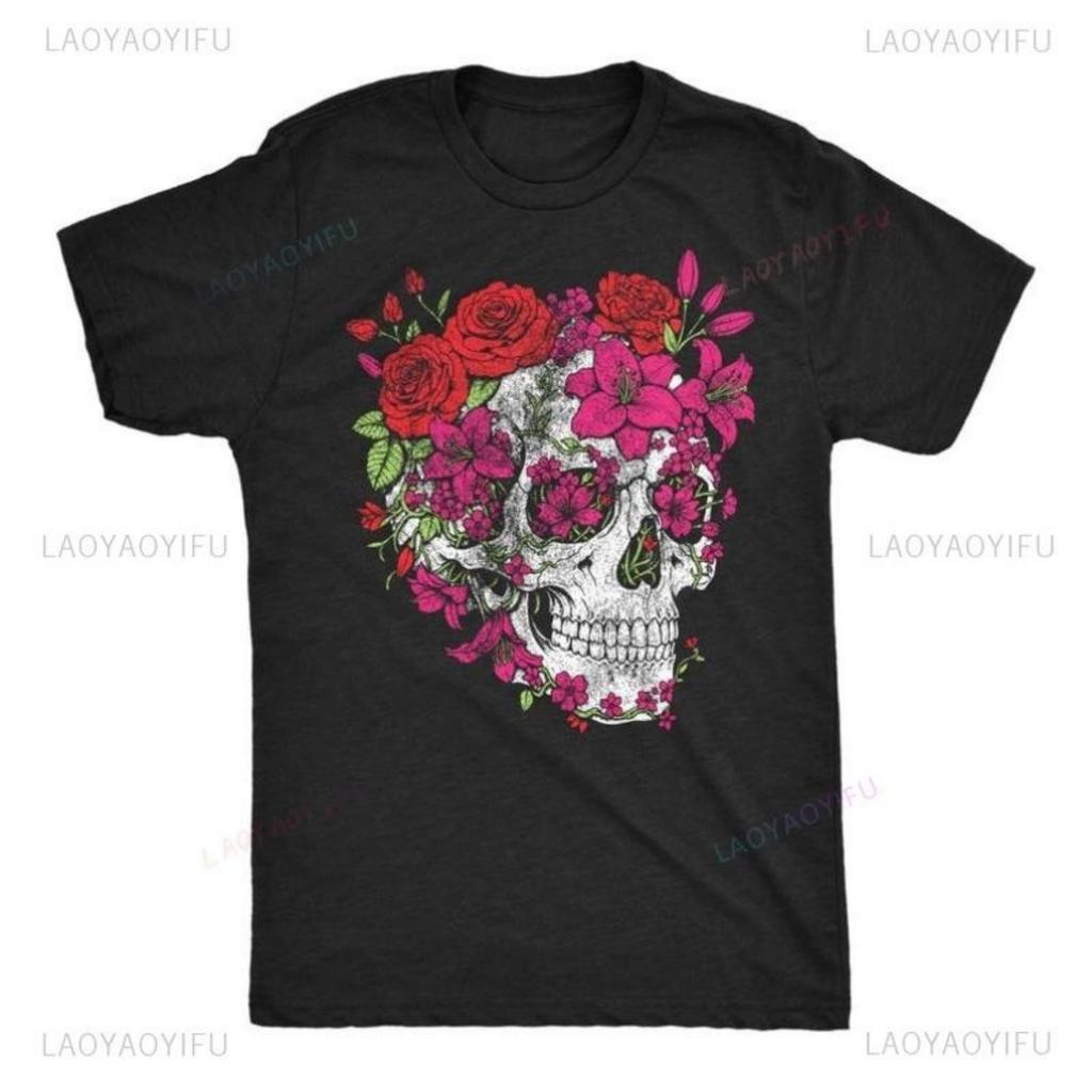 Big Skull Eternal Blossom Skull Graphic T Shirts Day of The Dead Men Tshirt Flower Skull Woman Man Shirts Summer Shortsleev