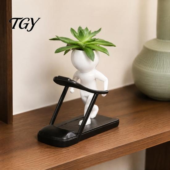 Minimalist Resin Flower Pot Creative Fitness Figure Pot, Succulents with Treadmill Yoga And Modern Plant Dumbbell Design, Funny Sports Themed Planter