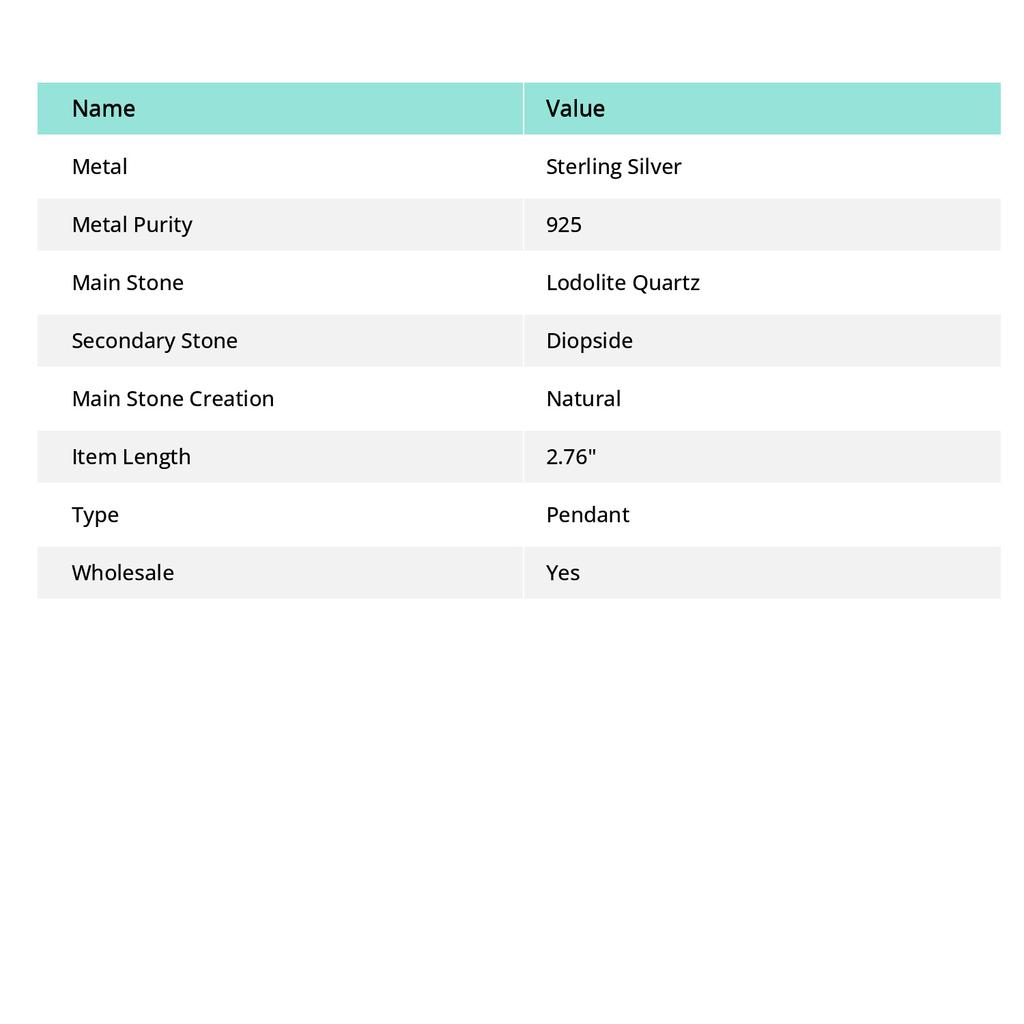 Natural Lodolite Quartz, Diopside 925 Sterling Silver Jewelry Pendant 2.76" Y5D42