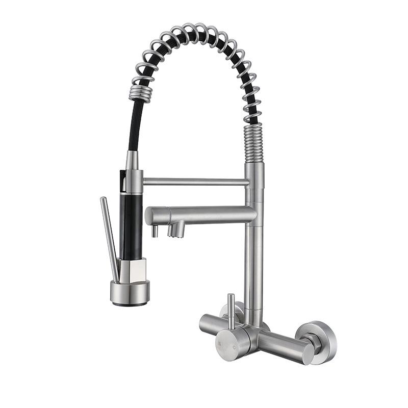 Stainless Steel Pull-Out Swivel Kitchen Faucet with Spring for Hot and Cold Water
