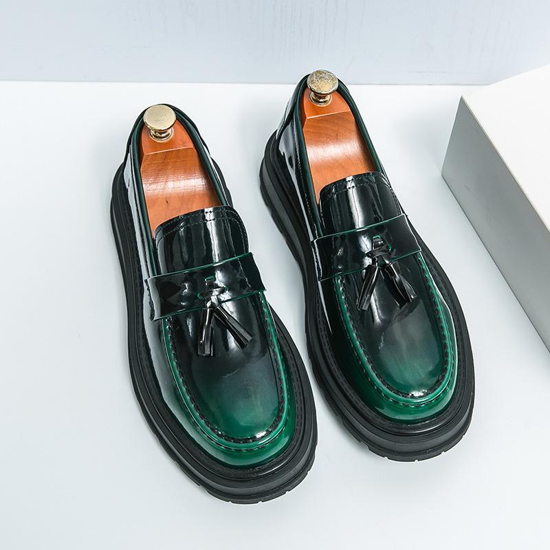 Men's Round Toe Casual Leather Shoes, Black Patent Leather, Thick Sole, Business and Daily Wear