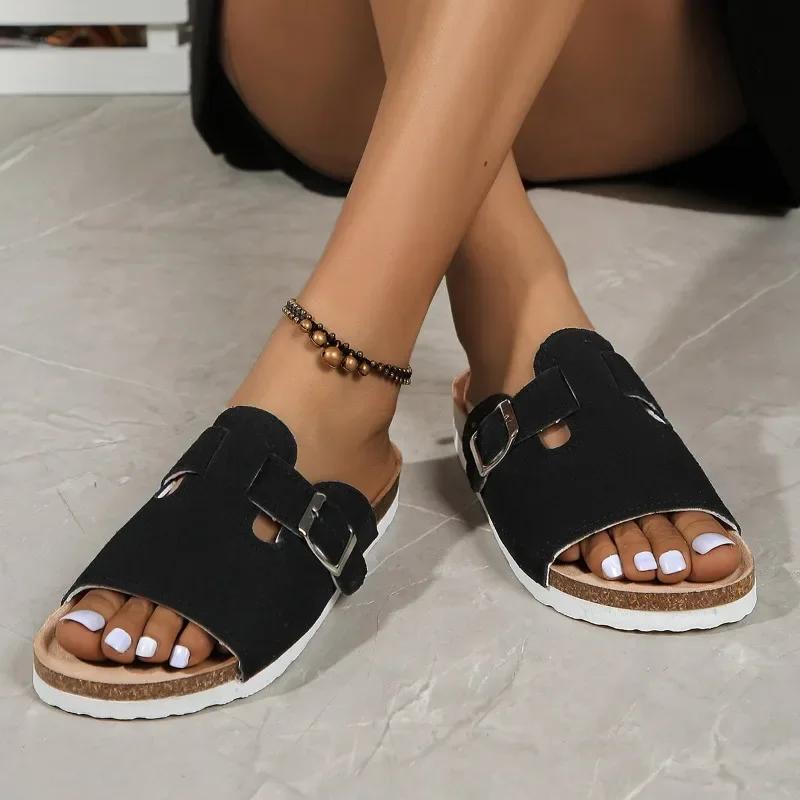 Fashion 2024 Hot Sale Summer Shoes Female Open Toe Women's Slippers Buckle Solid Flat Casual Beach Large Size Slippers Zapatos De Mujer