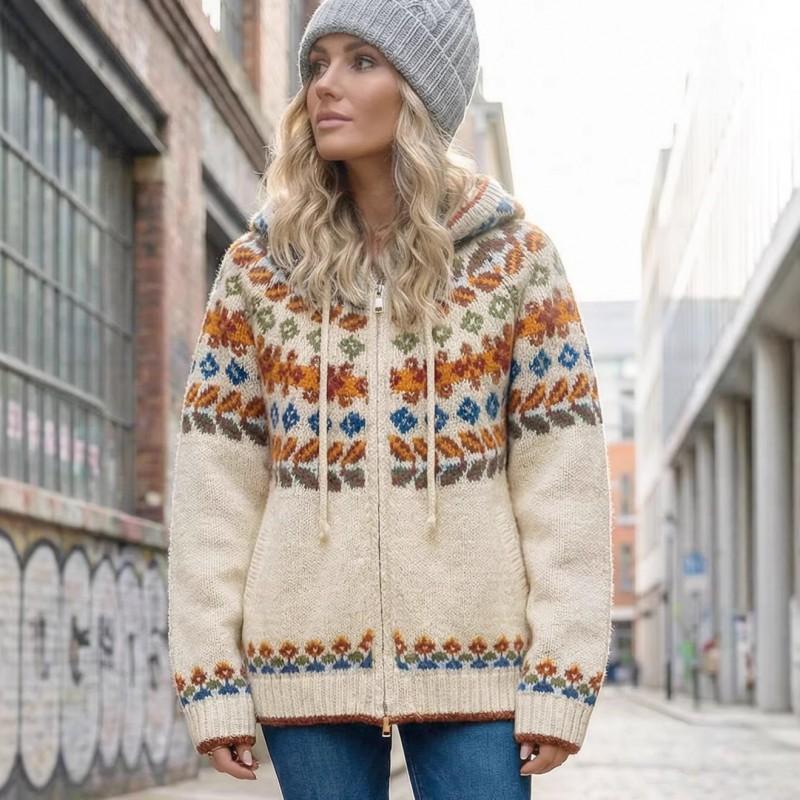 Womens Oversized Cropped Hooded Knit Cardigan With Fair Isle Soft Warm Sweater Coat Fall Winter Casual