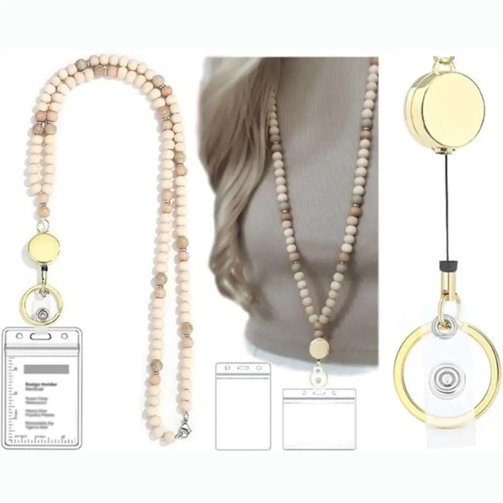 1 Set Fashion Wood Beaded Lanyard with ID Holder Pink Daisy Beads ID Holder Strap with Tassel String for ID Badges Women
