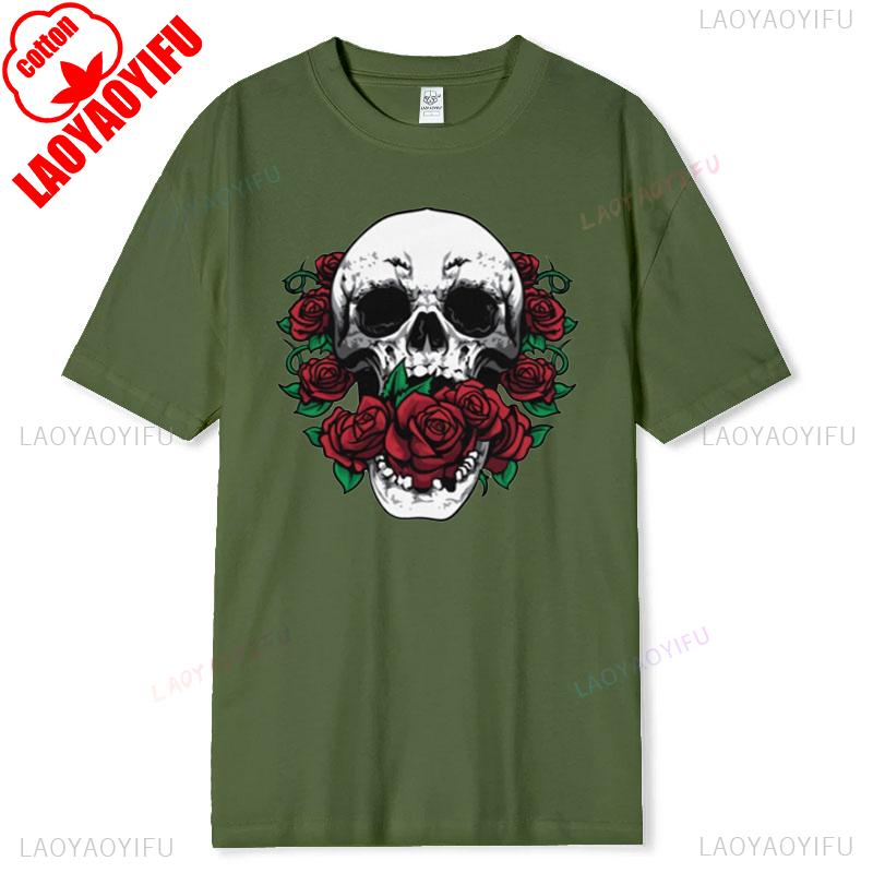 Skull and Red Roses Skeleton Gothic Hipster Novelty ShortSleeve Unisex TShirt Skeleton and Flower Pattern Cotton Casual Shirt
