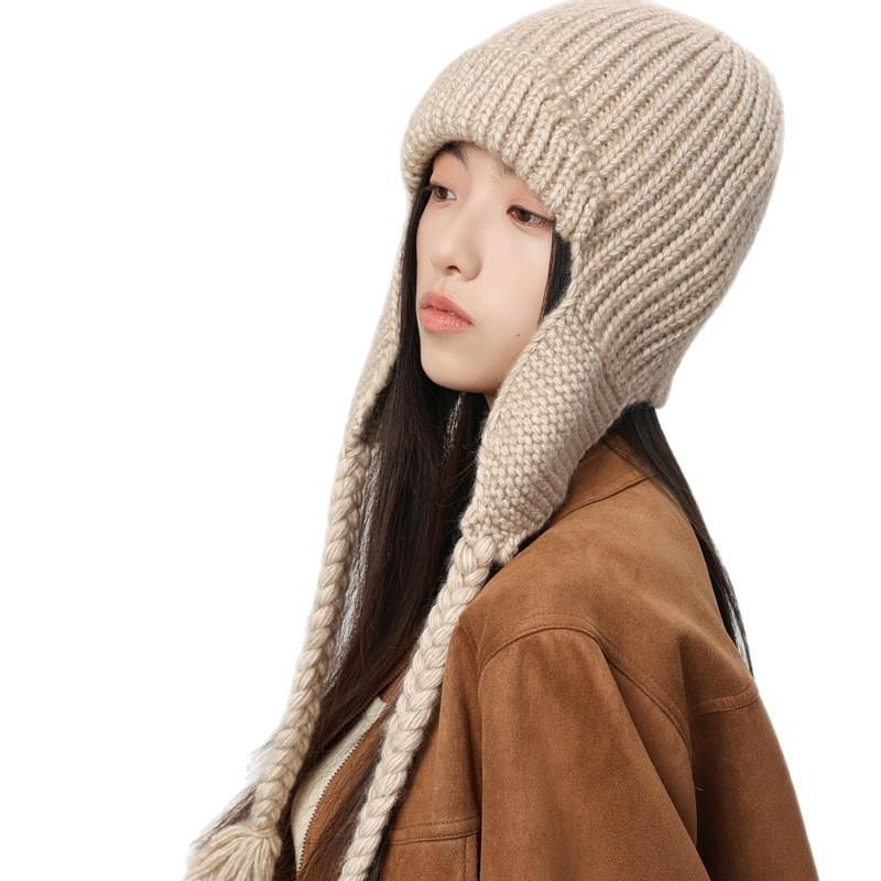 October Siege Simple Solid Color Knitted Lei Feng Hat Women's Autumn and Winter Versatile Wool Hat Thermal Ear Protection Flying Hat