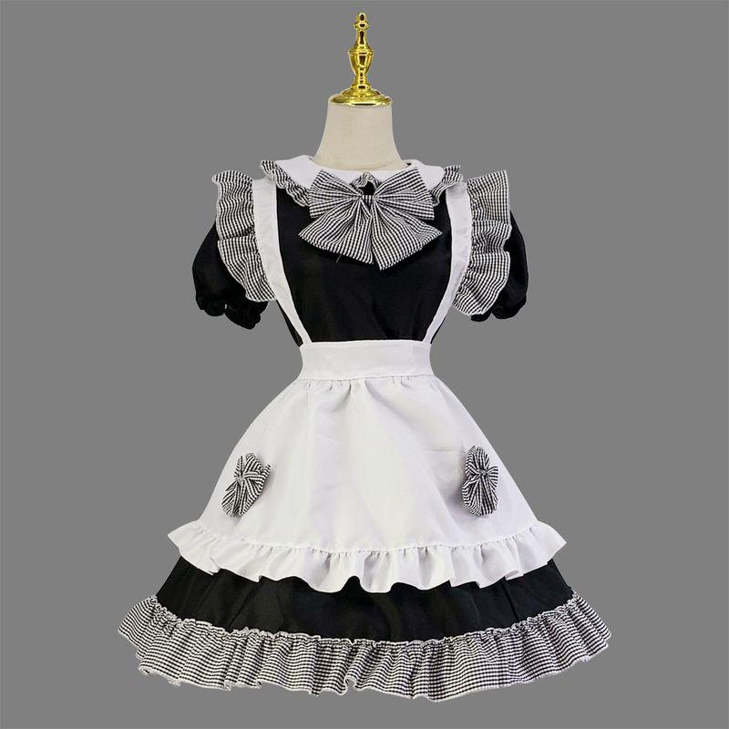 Cosplay Japanese Anime New 4-Piece Maid Outfit Cute Princess Dress Black and White Checkered Bow Maid Style