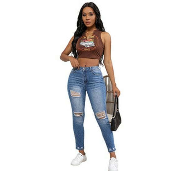 Spring/Summer Elastic Ripped Eyelet Bandage Denim Hot Pants Shorts for Women