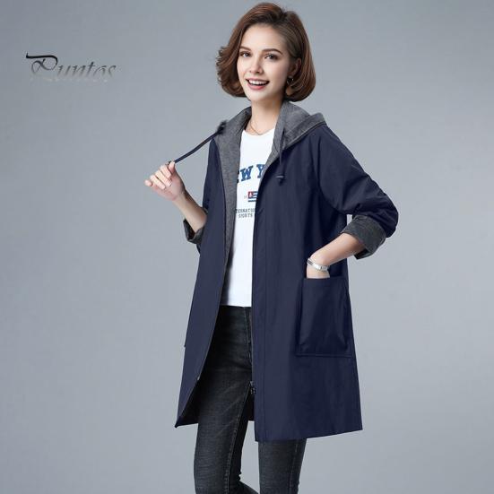 Long Length Jacket Spring Fall Women Hooded Sleeves Drawstring Plus Size Pockets Zipper Lady Closure Coat Windbreaker Mid Solid Color Big Windproof