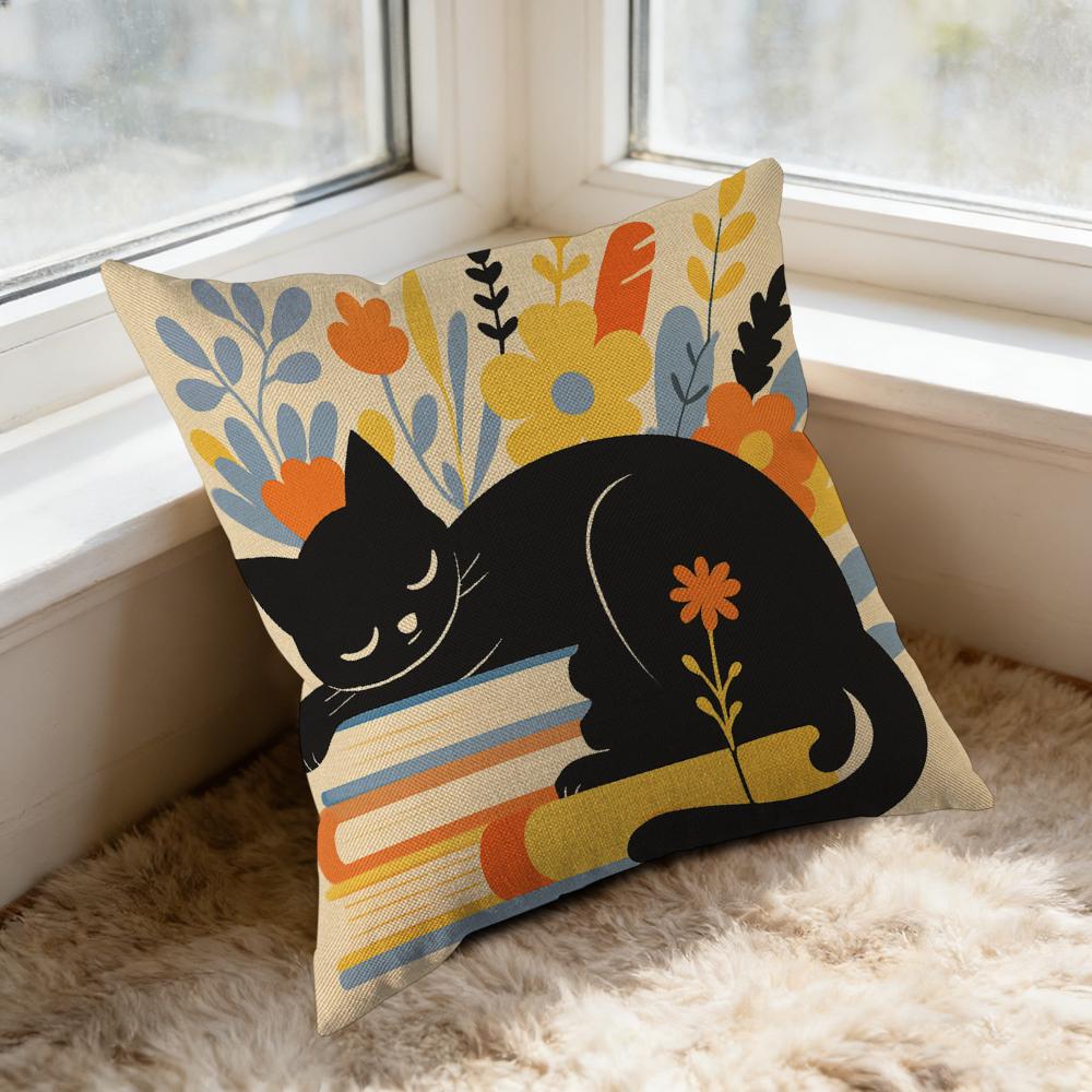 Cushion Cover Black Cat Floral Pattern For Home Decor Window Seat Pillow Case