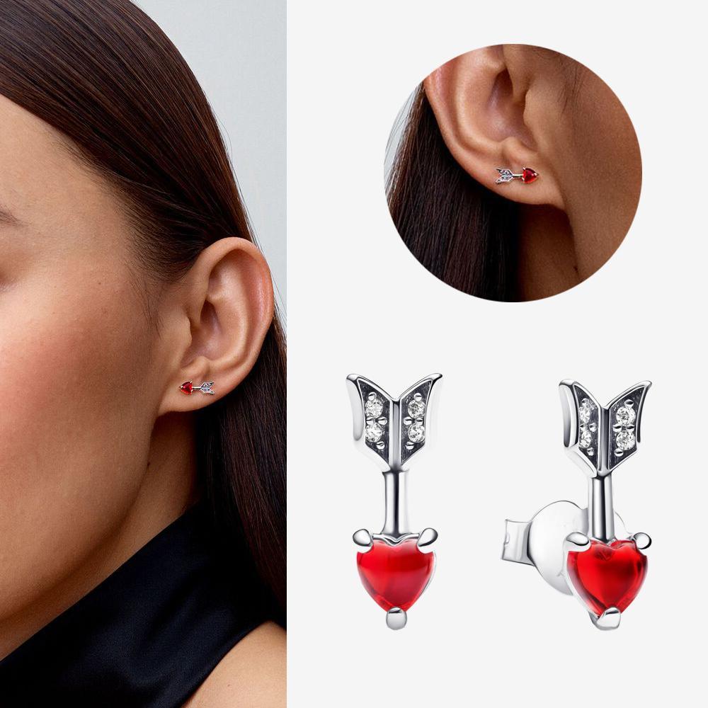 Authentic 925 Silver Cherry Blossom Bow Heart Hoop Stud Drop Earrings plata de ley Jewelry DIY Birthday Gift Original
