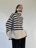 Women's Black & White Striped Turtleneck Sweater – Loose, Warm, Slit Pullover for Spring & Autumn, Trendy Inner Wear.