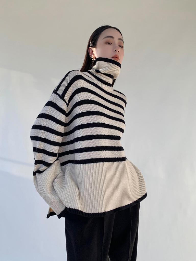 Women's Black & White Striped Turtleneck Sweater – Loose, Warm, Slit Pullover for Spring & Autumn, Trendy Inner Wear.