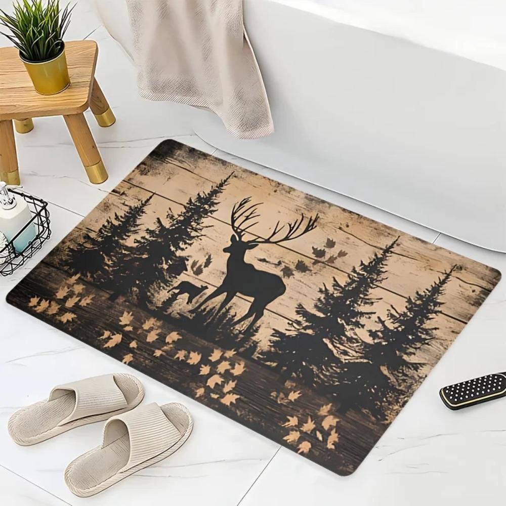 Pastoraler Wald Sikahirsch Druck Badematte Rutschfest Waschbar Küchen-Fußmatte Wohnzimmer Schlafzimmer Heimdeko Teppich 1 Stück