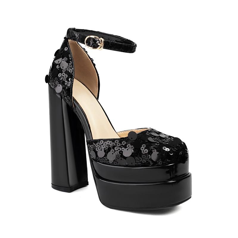 

Модная женская новая весенне-летняя клубная обувь из натуральной кожи с пайетками, эластичные водонепроницаемые сандалии на платформе и высоком каблуке, с закрытым носком 265 чёрный