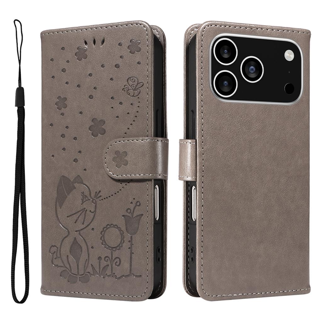 For iPhone 17 Pro Leather Wallet Case Cat Bee Pattern Phone Cover Stand