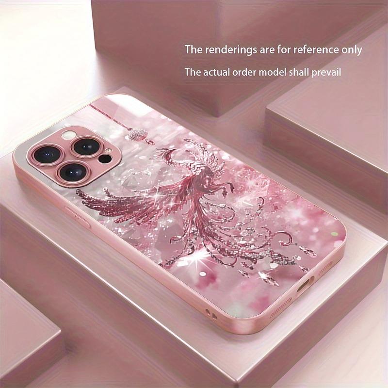 Pink Crystal Phoenix Pattern Metallic Paint Glass Hard Phone Case For iPhone 17 Air 17 16 15 14 13 12 11 Pro Max Plus 16E Cover
